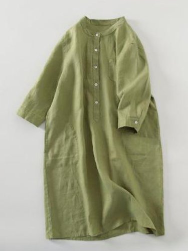 Women's Solid Color Medium Sleeve Cotton Linen Shirt Skirt