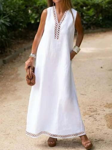 Women's Cotton Linen V Neck Lace Cutout Vacation Dress