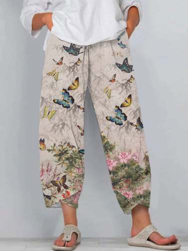 Women's Butterfly Flower Printed Pocket Casual Pants