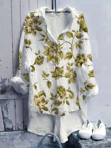 Women's Cotton Linen Floral Print Loose Long Sleeve Shirt