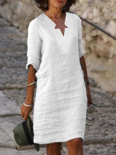 Ladies Solid Color Cotton Linen Casual Dress