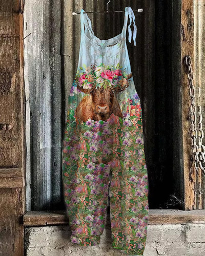 Women's Highland Cow Floral Print Jumpsuit