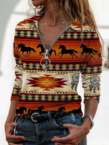 Women's Vintage Western Horse Ethnic Print Lapel Zip Long Sleeve T-Shirt