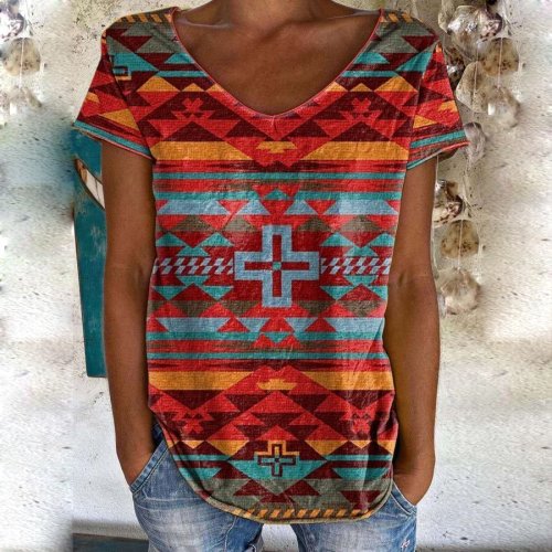 Ladies Western Ethnic Style Geometric Print T-shirt