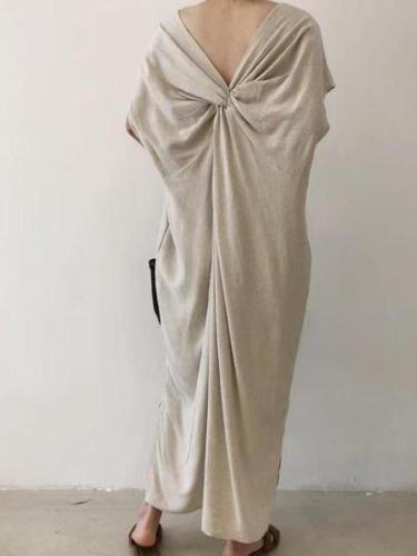 Knot Reversible V-Neck Cotton And Linen Short Sleeve Maxi Dress