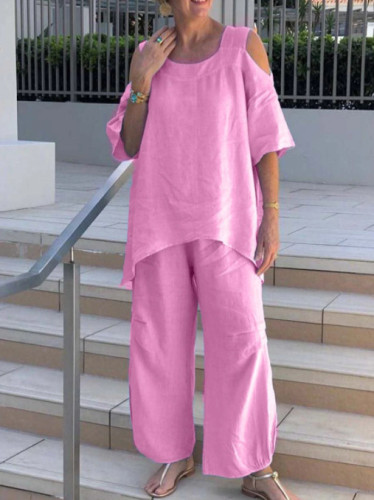 Summer Solid Color Fashion Crewneck Pullover Short Sleeve Pants Set