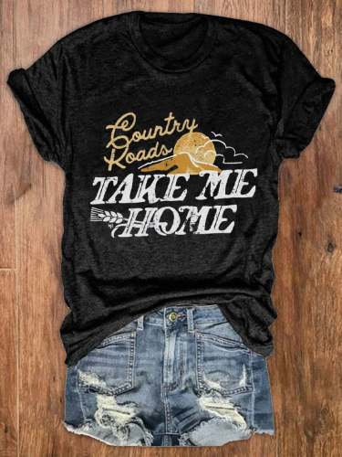 Women's Western Country Music Country Roads Take Me Home Print T-Shirt