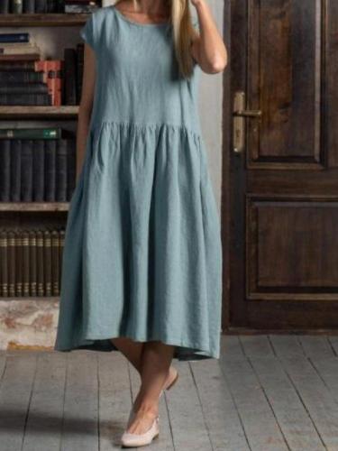 Loose Cotton And Linen Dress In Solid Color