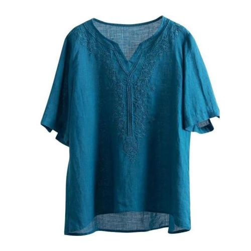 Women's Vintage Literary Embroidery Cotton Linen Loose V-neck Solid Color Short Sleeve Pullover Top