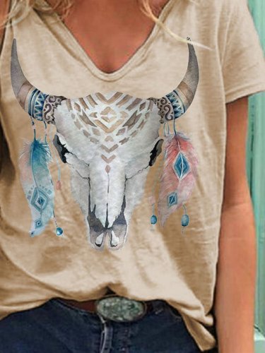 V-Neck Ethnic Feather Short-Sleeved T-Shirt