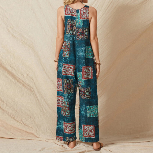 Women's Loose Print Suspenders Retro Casual Cotton Linen Jumpsuit