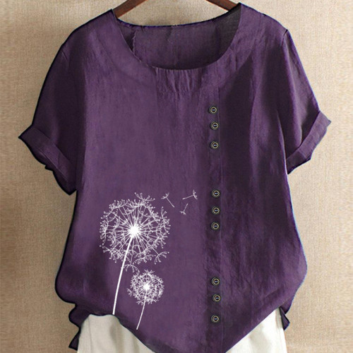 Round Neck Printed Short Sleeve Loose Cotton Linen Fashion Casual Women's Top