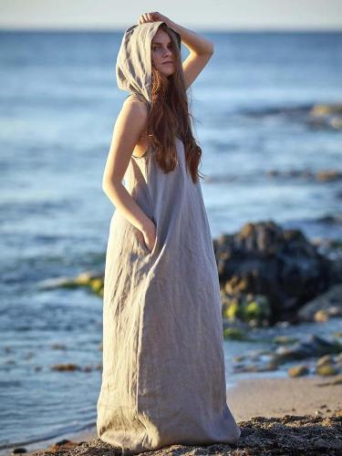 Sleeveless Strapless Hooded Loose-Fitting Floor-Length Dress​