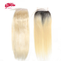 Ali Queen Hair Brazilian Virgin Hair 1b613# Lace Closure Straight Hair Closure Pre-Plucked 4x4 Free Part 130% Density