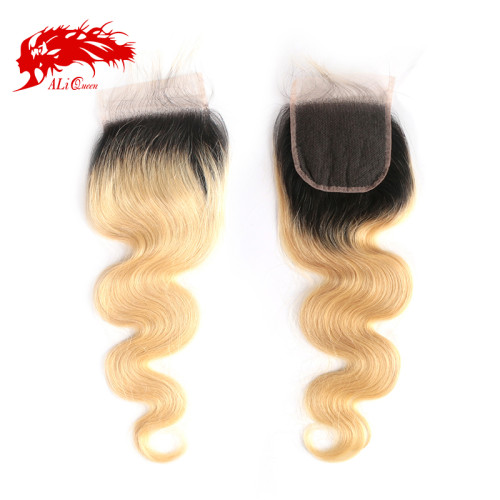 Ali Queen Hair Brazilian Body Wave 1b613# Virgin Hair Lace Closure 4x4 Free Part 100% Human Hair Pre-Plucked Hairline