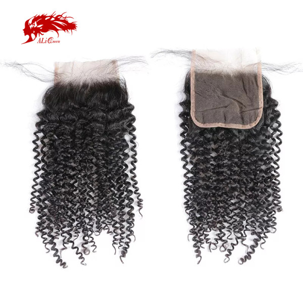 Ali Queen Hair Kinky Curly Brazilian Virgin Hair 10-20 inches 100% Human Hair Free Part Swiss Lace Closure With Lace Closure 5.0
