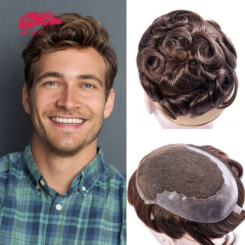 New Q6 Men Toupee Indian Human Hair Replacement Systems Hairpieces Lace PU  Wig Man Natural Men's capillary prothesis 130%