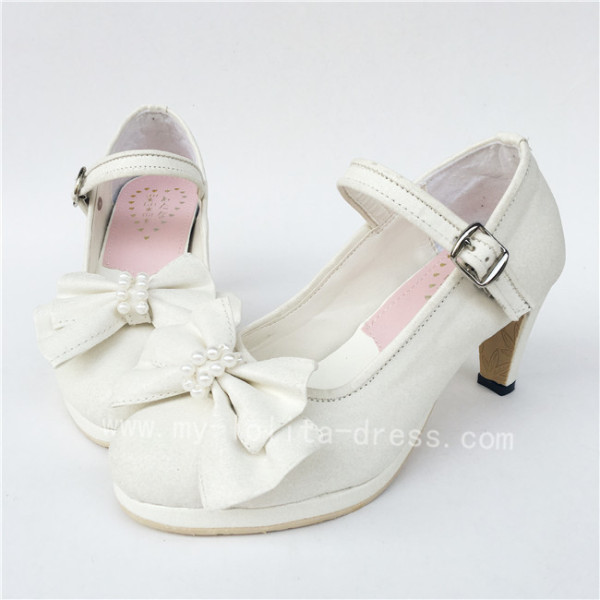 Elegant White Bow Pearls Lolita Heels Shoes