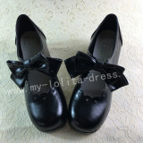 Sweet Matte Black Lolita Square Heels Shoes with Bowknots