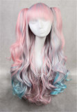 Pink to Blue Gradient Cosplay Long Curls Wig with Two Detachable Ponytails