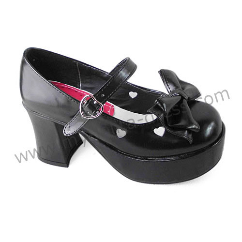 Black Shiny PU Bow Hearts Lolita Shoes