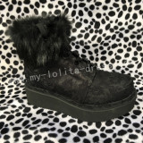 Gothic Black Velvet Lolita Short Boots with Lace and Furs