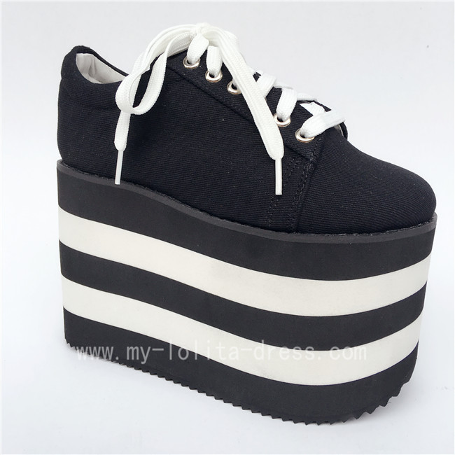 High Platform Black Canvas Shoes with Black White Soles $66.99-Footwear