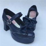 Navy Single Strap Bows Lolita Heels Tea Party Shoes