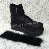 Gothic Black Velvet Lolita Short Boots with Lace and Furs