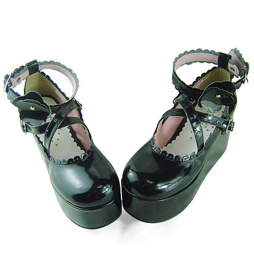 Black Shiny Flower Platform Princess Shoes $42.99-Lolita Shoes