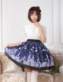 Dark Blue Gothic Lolita Pleated Skirt with Church Pattern