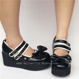 Black Top Bow Lolita Shoes White Trim