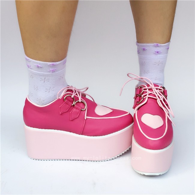 Sweet White with Pink Heart Lolita High Platform $-Sweet Lolita Shoes