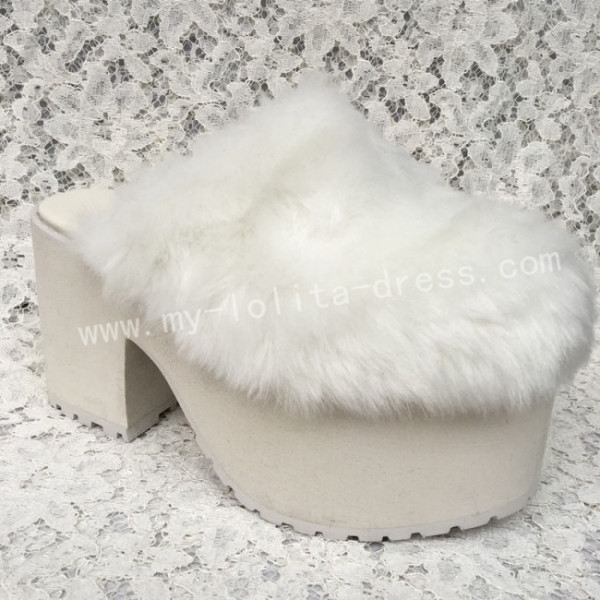 Sweet White Imitate Bunny Fur Lolita Heels Shoes High Platform