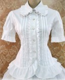 Cotton Short Sleeves Ruffles Bows Lolita Shirt 7 Colors Pink S & Khaki M - In Stock