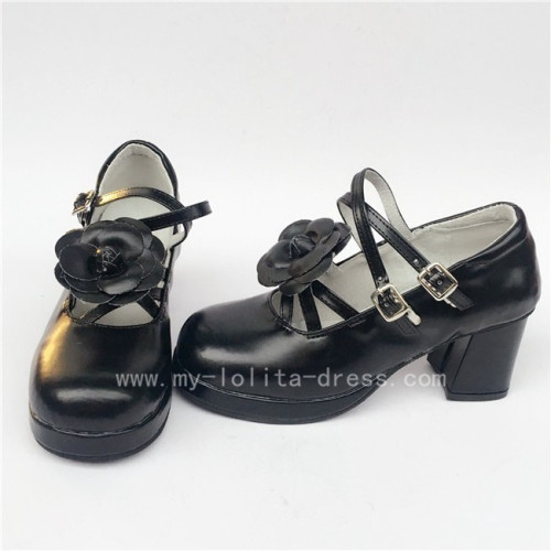 Sweet Black Matte Lolita Heels Shoes with Flowers