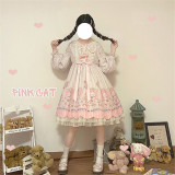 Alice Girl ~The Kitty's Tea Party Sweet Lolita OP/Salopette -Pre-order Pink Size S - In Stock
