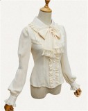 Vintage Peter Pan Collar Long Sleeve Lolita Blouse White Size L Chiffon with Velvet Thick Version - In Stock