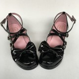 Black Bows Crossed Straps Matte Lolita Shoes Classic