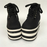 High Platform Black Canvas Shoes with Black White Soles