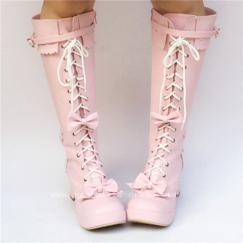 Sweet Pink Bows Lace Up Lolita Boots