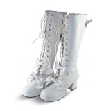 White Bows PU Lolita Boots