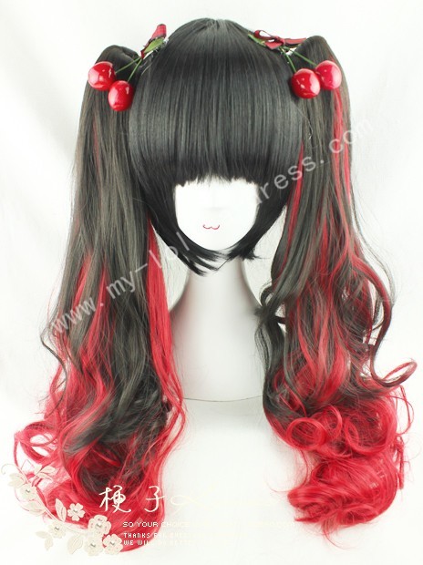 Black Red Curls Lolita Wig 50cm Long