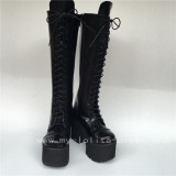 Black Matte Lace Up Knee Lolita Cylinder Boots