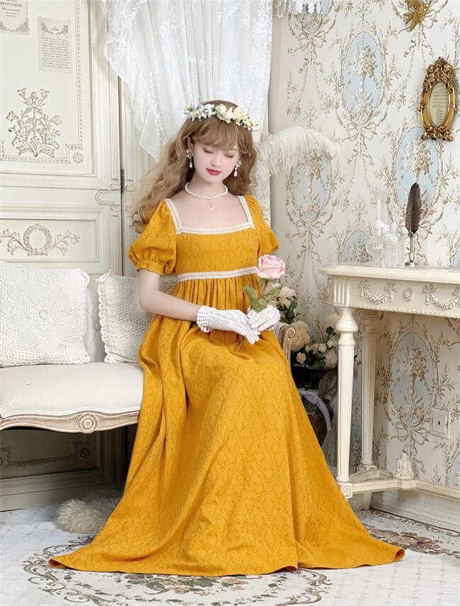 yellow empire waist dress Light Yellow 100% Cotton Deep-V Neck Empire Waist Maxi Dress 66" / Regular (5'2"