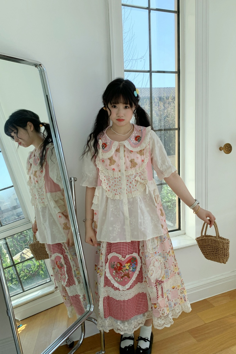 Mori Kei Style Embroidered Collage Blouse Skirt Outfits