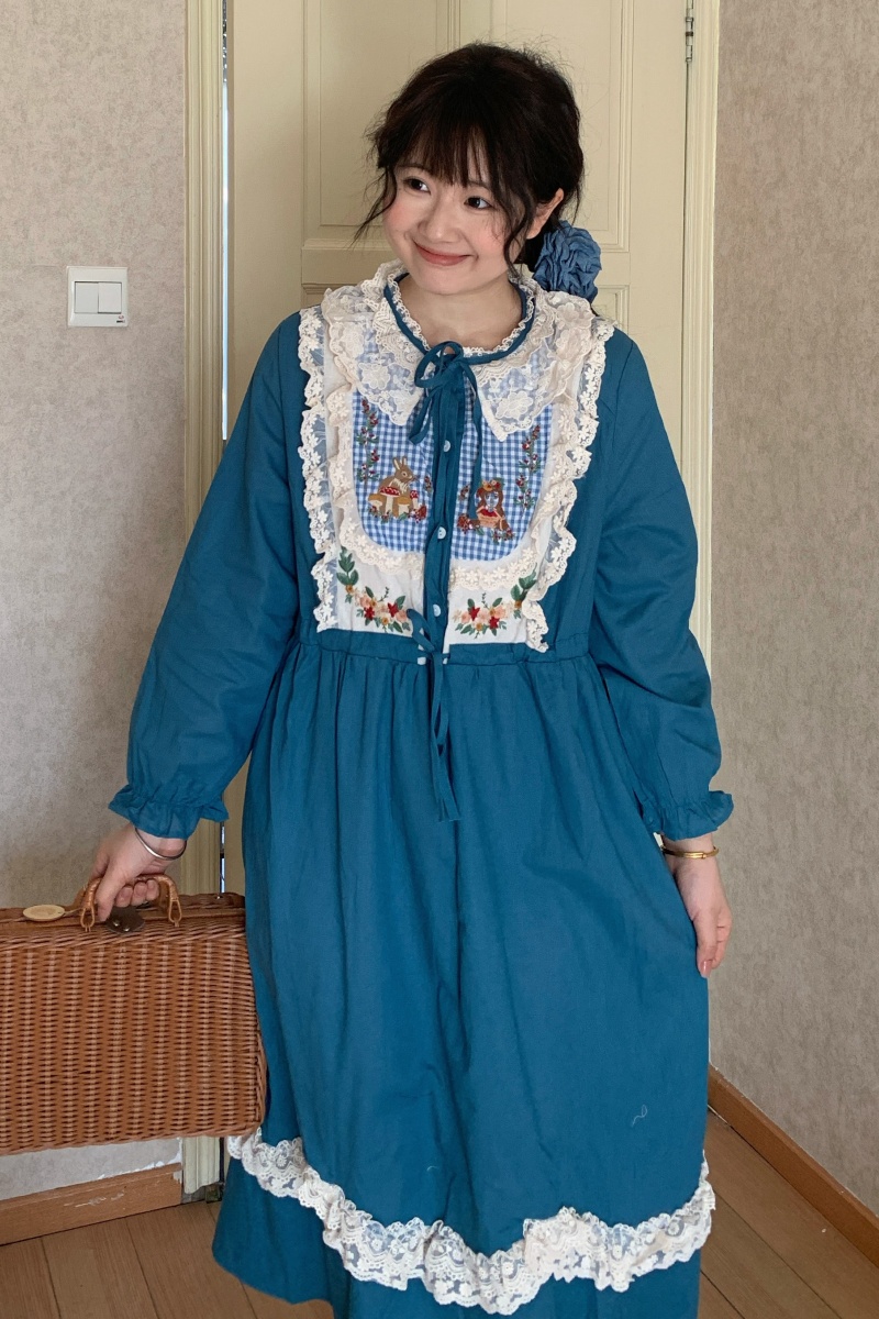 Mori Kei Style Loose Design Prints Lace Up Blue Dress