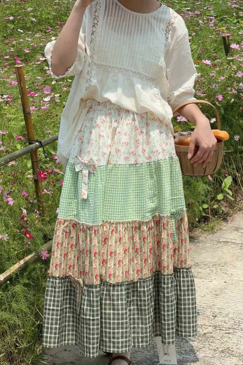 Flowers Plaid Patchwork Skirt Mori Kei Style