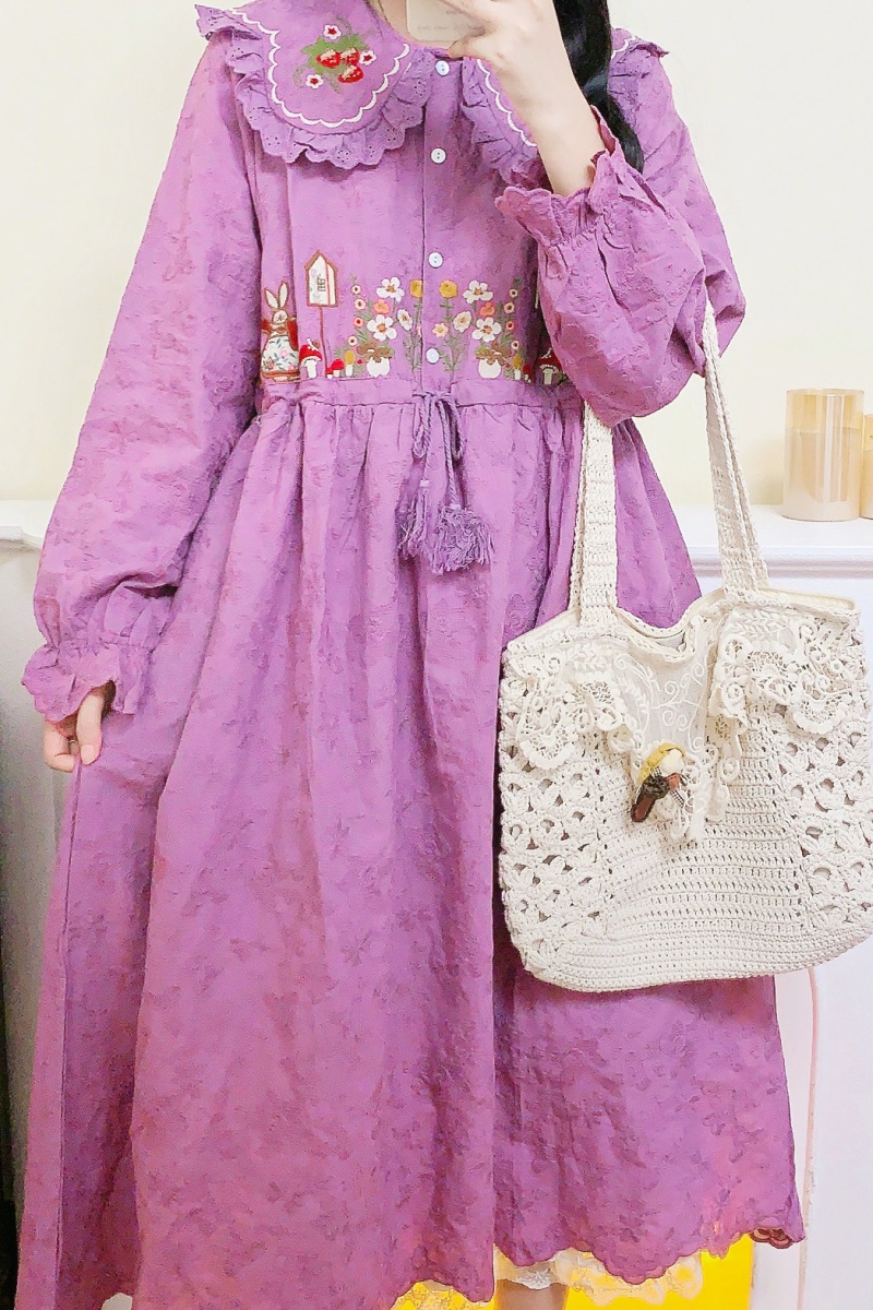 Lavender Printed Long Dress Mori Kei Style