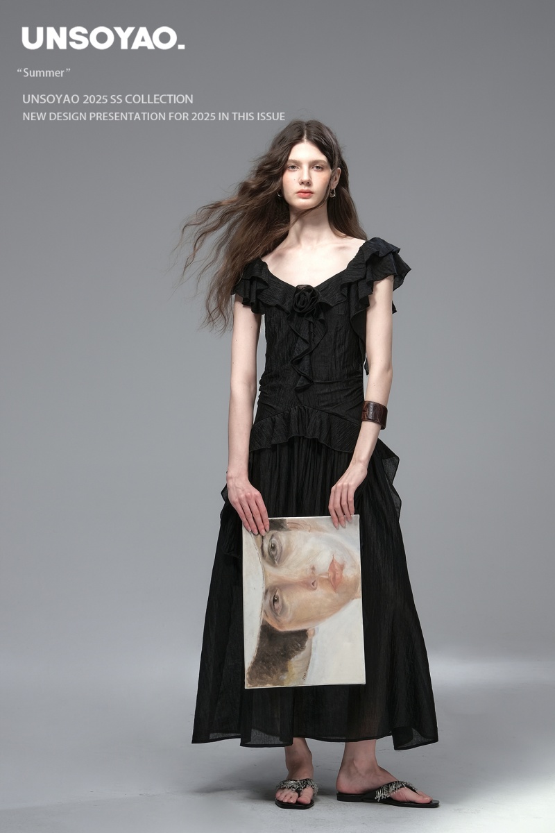 Mandala Ruffles Pleated Black Mori Kei Dress